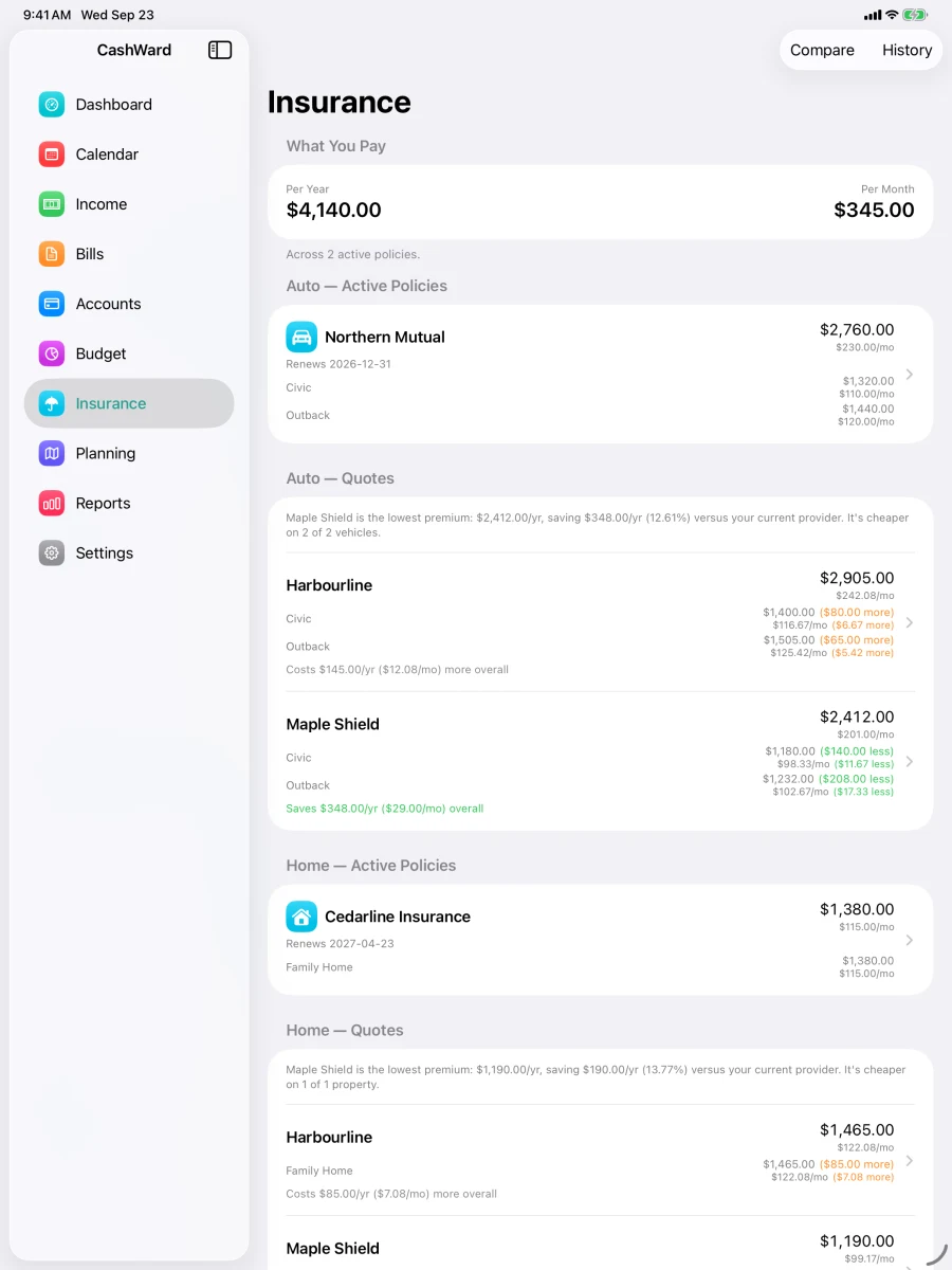 Insurance on iPad: what you pay per year and per month, policies by vehicle, and competing quotes