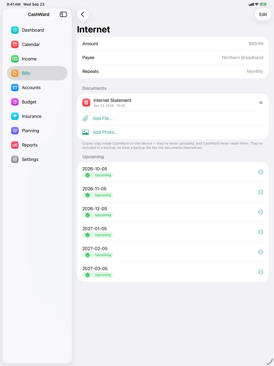 A bill on iPad with an attached statement, ready to preview