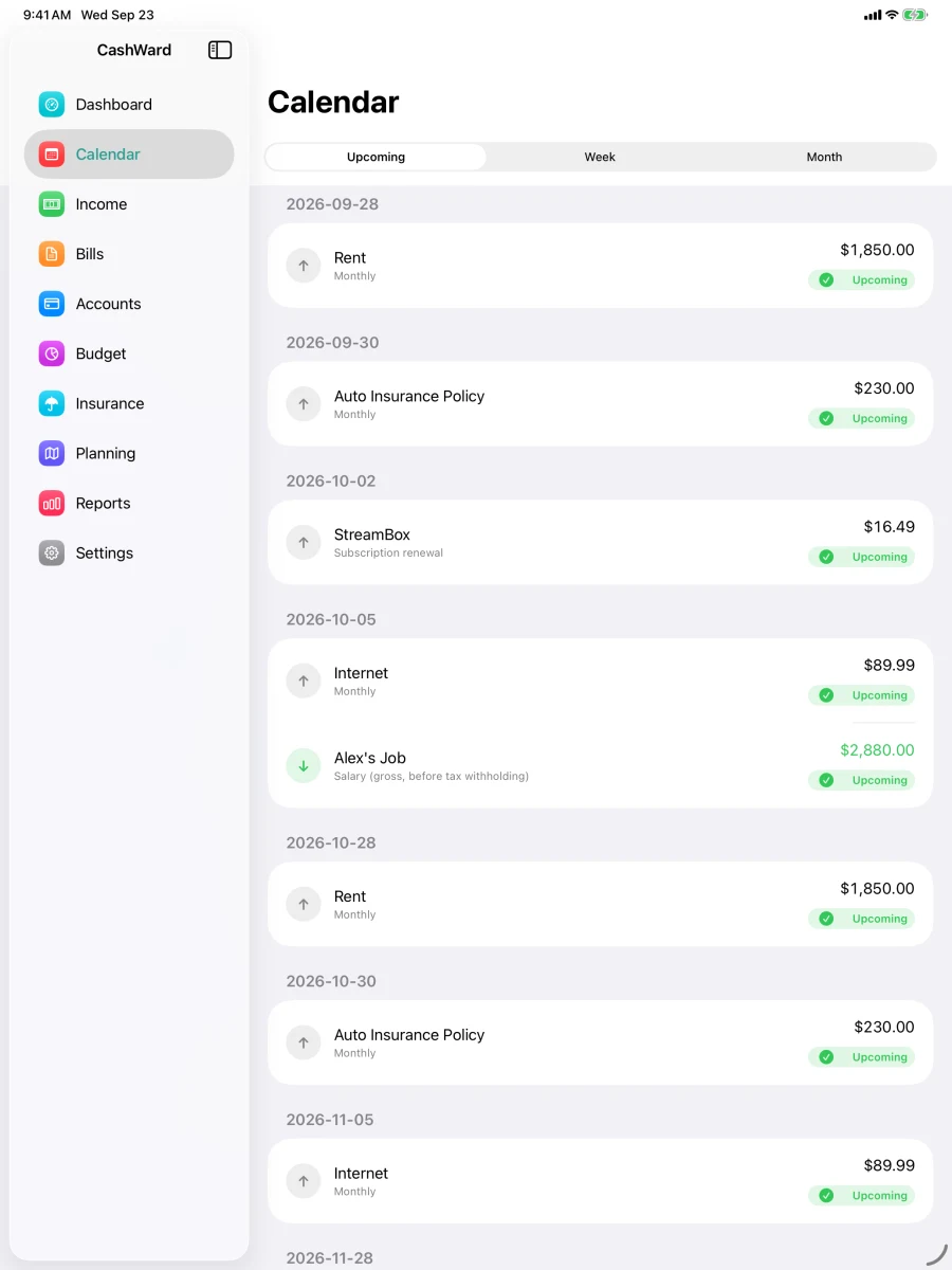 Calendar on iPad showing paydays, bills, and insurance premiums together