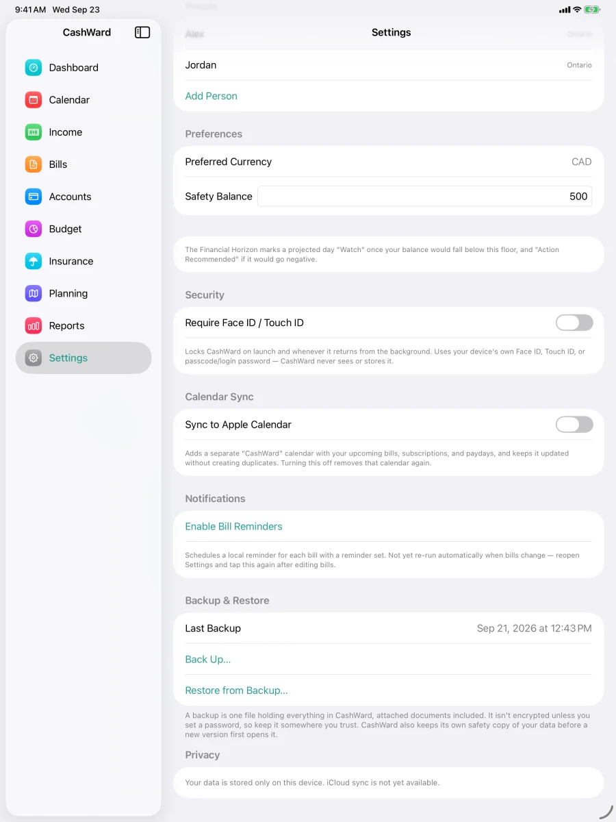 Settings on iPad: Backup and Restore
