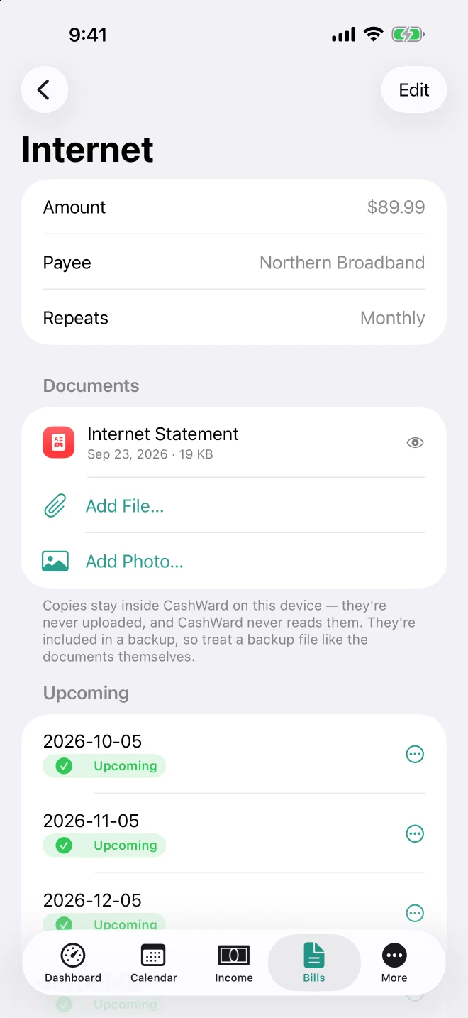 A bill on iPhone with an attached statement, ready to preview