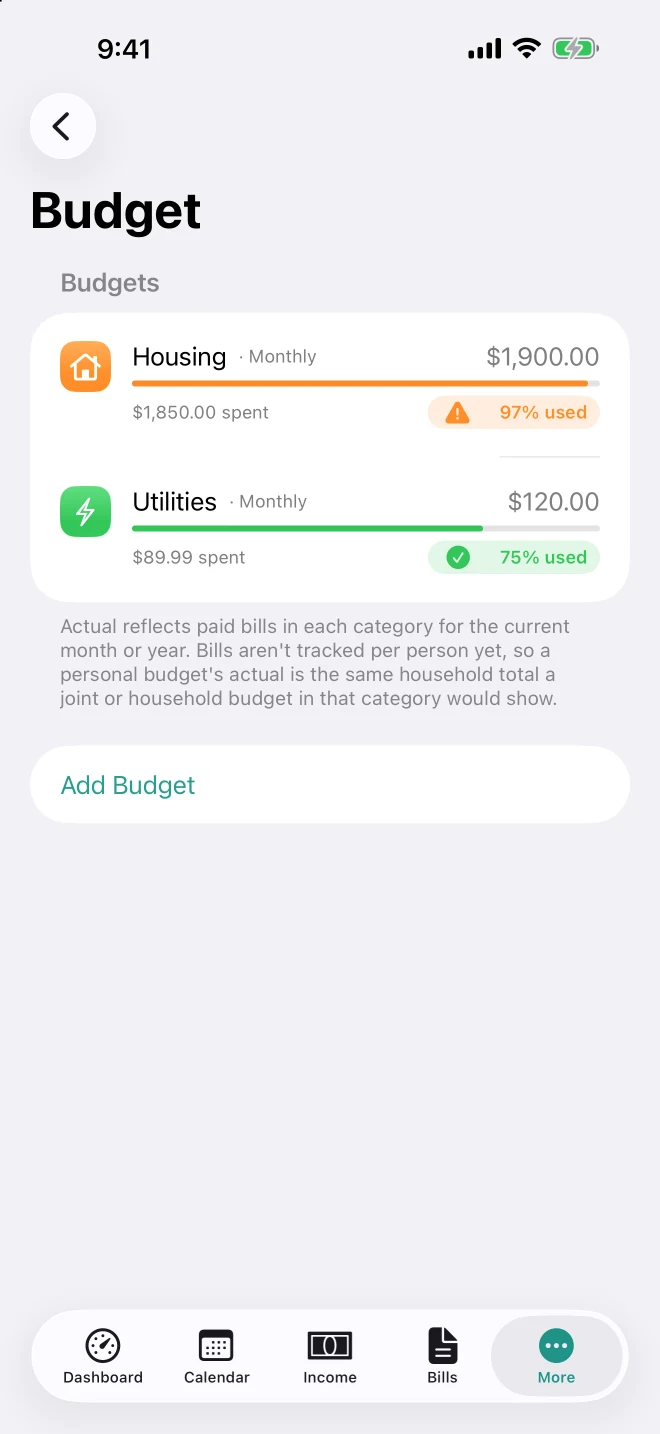 Budget on iPhone: budgeted versus actual spending by category