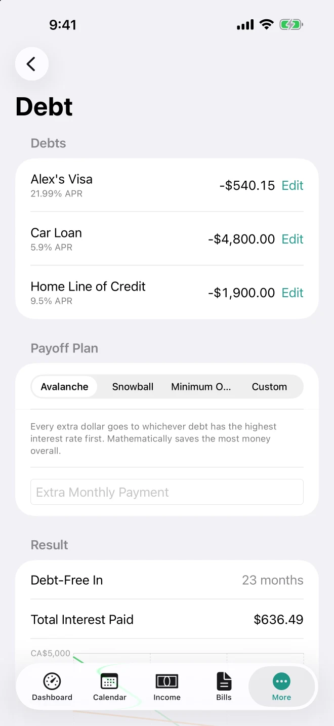 Debt planning on iPhone: three debts with payoff strategies compared