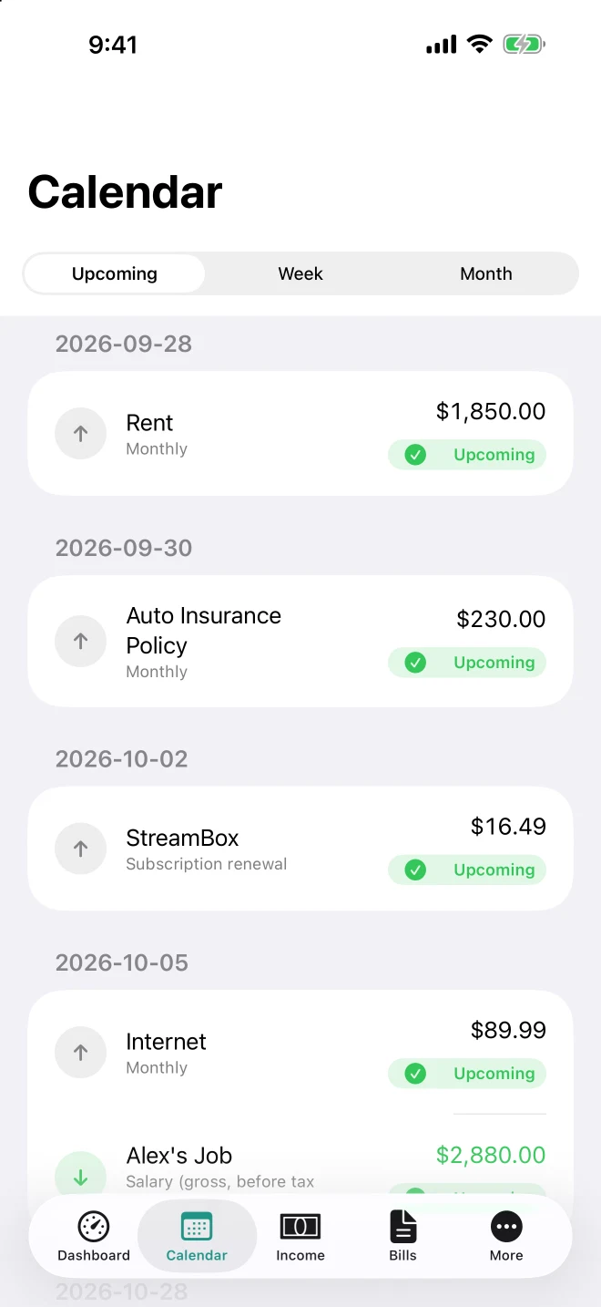 Calendar on iPhone showing paydays, bills, and insurance premiums together